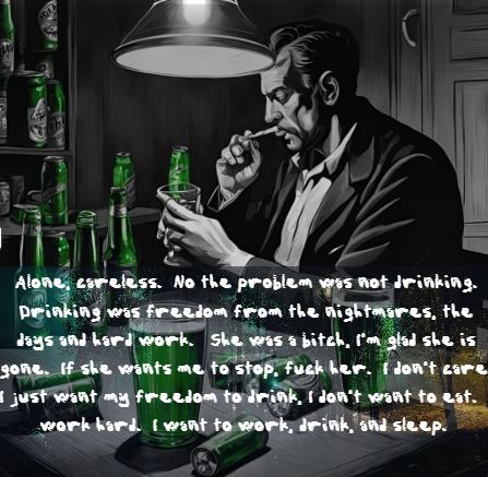 Health Recovery: Alcohol Abuse Alone, careless. No the problem was not drinking. Drinking was freedom from the nightmares, the days and hard work. She was a bitch, I'm glad she is gone. If she wants me to stop, fuck her. I don't care. I just want my freedom to drink, I don't want to eat. I work hard. I want to work, drink, and sleep.