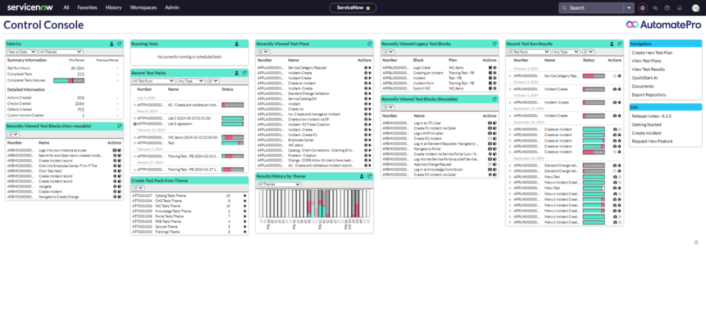 QuickStart-AI Service Catalog Test- The classic Control Console features navigation and support features in the far right in blue, the rest of the channels in green let you view recent views, metrics, Test Runs, and Test cases. 
