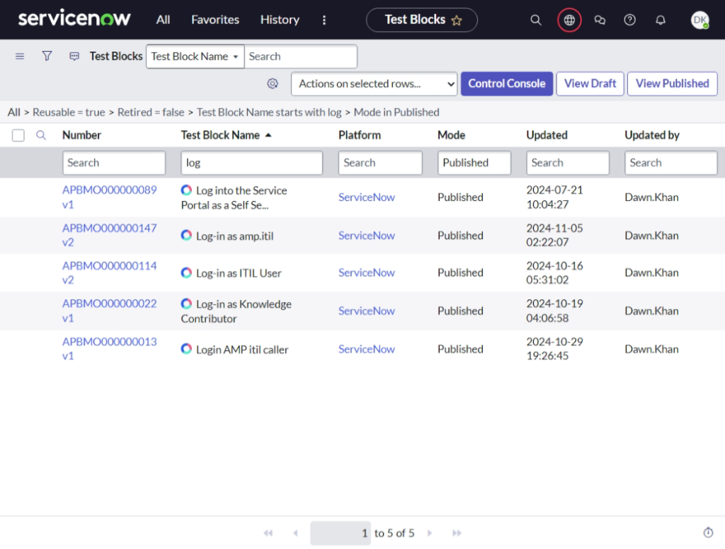 Persona Use & Administration in Model Blocks

Model Blocks in AutomatePro are reusable components designed to streamline test automation. Each Model Block encapsulates a sequence of actions or validations that can be reused across tests, improving consistency and efficiency.

Accessing and Filtering Model Blocks by Persona
To view specific Model Blocks in the Test Blocks Library:

Open the library and filter by:
"Test Block Name" = "Log" for log-related actions.
"Mode" = "Published" to show ready-to-use blocks.
