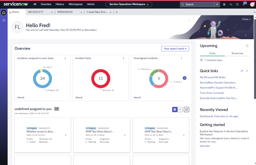 ServiceNow’s Service Operations Workspace enables ITSM teams to manage all service tasks efficiently. The Interactions feature lets teams capture “drive-bys” and interruptions, converting them into trackable tickets with guided workflows for consistent follow-up.

Key Features
Centralized Dashboard: View and prioritize all tasks—interactions, incidents, and requests—in one place.
Interactions for Ad-Hoc Requests: Log incidental inquiries, turning them into formal, manageable tickets.
Real-Time Analytics: Access impact data to quickly address high-priority issues.
AI Smart Prioritization: Focus on urgent tasks with AI-ranked prioritization.
Guided Workflows: Step-by-step guidance for faster, consistent resolutions.
Virtual Agent & Self-Service: Users handle routine issues independently, easing IT workload.
