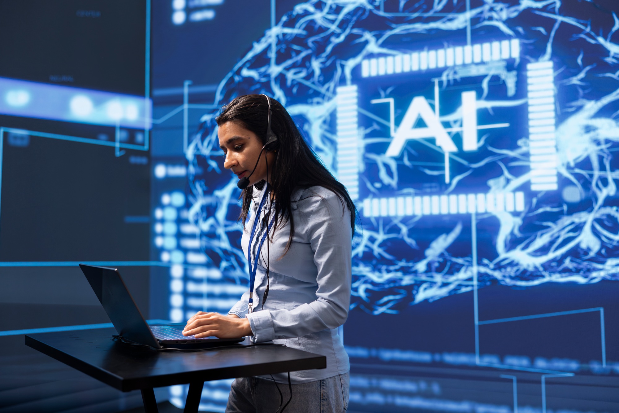 Comparative ChatGPT & DeepSeek Technician in AI high tech workspace managing call center tasks