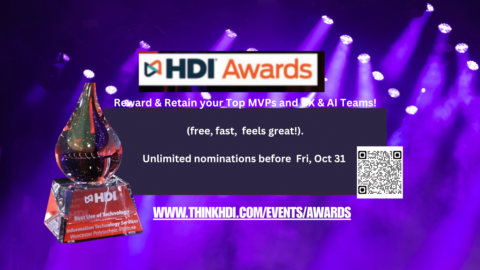 Nominate Halloween Service Leaders. Spotlight SM/SD/AI excellence.” Badge: “No membership required.” Footer: “Deadline: Fri Oct 31 • 12am ET” + thinkhdi.com/events/awards. CTA: “Nominate Now.” Social caption: 🎃 Nominate Halloween Service Leaders—SM/SD/AI excellence! No membership needed. ⏰ Fri Oct 31, 12am ET → thinkhdi.com/events/awards 🏆 #HDIAwards #ITSM #RecognitionMatters On-image overlay: Headline: Nominate Halloween Service Leaders Subhead: Spotlight SM/SD/AI excellence Support: Deadline Fri Oct 31 • No membership required CTA/URL: thinkhdi.com/events/awards