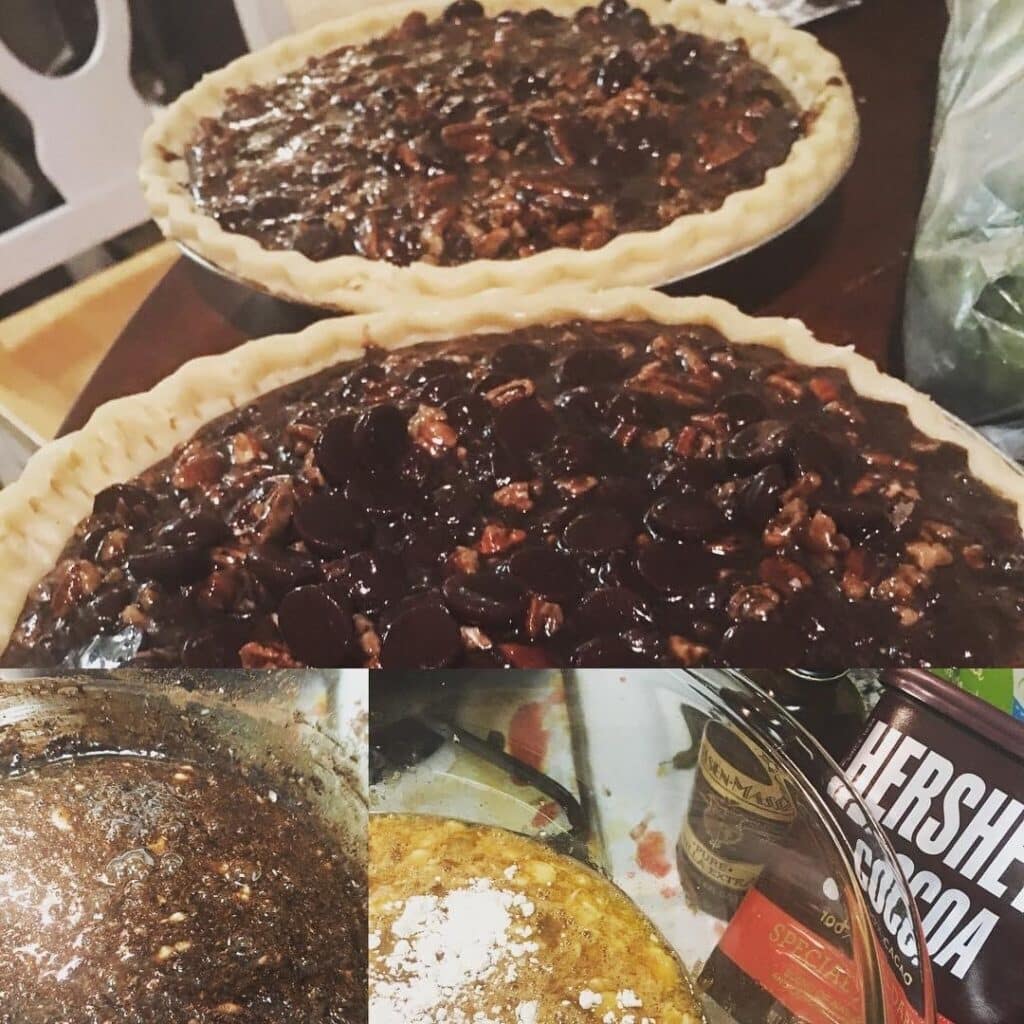 Dawn’s Thanksgiving Menu Recipes Dark Chocolate Pecan Pie always end on a high note with Dawn’s Epic Dark Chocolate Pie—the dessert my friends and family wait for all season. This dark chocolate pecan pie sits on the table like a midnight centerpiece, its glossy cocoa filling and toasted pecans catching the light in slow, tempting waves. A slim, elegant slice pulls away from the crust, revealing a silky, almost-truffle interior that turns every bite into a romantic, grown-up Thanksgiving chocolate dessert moment.
This year, though, I’m taking it a step further. Alongside the classic pie, I’m baking mini dark chocolate pecan tarts in crisp phyllo shells—tiny, flaky cups filled with the same rich Hershey’s Special Dark cocoa, toasted pecans, and Ritual Zero Proof whiskey notes. These bite-size phyllo chocolate tarts offer all the flavor in lighter portions, making this diabetic-friendly holiday dessert table feel even more inviting. With candlelight, fresh herbs, and jewel-toned fruit around the platter, Dawn’s Epic Dark Chocolate Pie and mini phyllo tarts become the signature sweets everyone asks for, remembers, and secretly hopes I’ll make again next year.