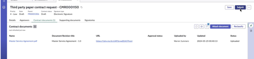 Legal and Contract Operations:  MSA (Master Service Agreement) is usually the “heavy” contract, so ServiceNow treats it like a tracked work item: one record holds the document, ownership, status, approvals, redlines, and signature progress.

1) Initiate the MSA from Source-to-Pay

From the Purchase / Sourcing record in the Source-to-Pay workspace:

Open Related work → Contract Requests

Click New / Initiate contract

Set the key fields:

Contract type: Master Service Agreement (MSA)

Type of paper: typically Third-party paper (vendor paper)

Signature type: Electronic signature (if using DocuSign)

Start/End dates: if known (helps renewals later)

This creates an MSA Contract Request tied back to the procurement record.

2) Upload the MSA document (the “source of truth” step)

Inside the new MSA Contract Request:

Go to Contract documents

Click Attach / Upload

Upload the vendor’s PDF or Word file (prefer Word if you’ll redline inside Word)

Use clean naming, for example:

MSA_VendorName_V1.pdf

MSA_VendorName_Redline_V2.docx

After upload, the document is now governed by the record—not buried in email.

3) Route it for Legal review (CMR)

Next, you move the request out of “draft” and into execution:

Click Submit (or the equivalent action your flow uses)

The record routes to Legal / Contracts Support (often a CMR queue)

At that point, Legal sees it in their workspace, clicks Start work, and takes ownership.