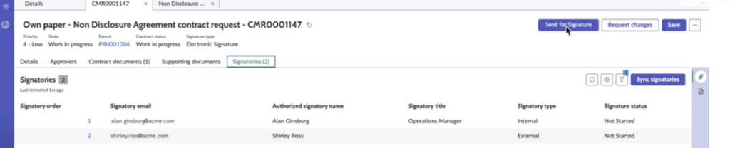 Legal and Contract Operations: 
What the “Send for Signature” step does in an NDA workflow

The Send for Signature step is the moment you move an NDA from draft/review to formal execution. In other words, you stop emailing PDFs and instead trigger a controlled eSignature process (often DocuSign) directly from the contract record.

What must be true before you click “Send for Signature”

The NDA document is the final version (or approved version) attached to the contract request.

The signatories are set correctly:

Internal signer(s) (your company)

External signer(s) (vendor/customer)

Signing order (if required)

Any required approvals are complete (if your workflow enforces approval gates).

Key metadata is filled in (contract type = NDA, dates if needed, supplier/counterparty, etc.).

What happens when you click “Send for Signature”

ServiceNow packages the NDA
It binds the correct document version to the contract request so you have “what was sent.”

It pushes the document + recipient list to the eSignature provider
Typically this is DocuSign (or another provider). The system transfers:

document

signer names/emails

signing order

any required fields (signature blocks, initials, date)

Recipients receive an email to sign
The external and internal signers get a DocuSign email link, open the NDA, and sign electronically.

The contract record updates automatically
As each person signs, the NDA record reflects progress:

Sent / Out for signature

Partially signed (if multiple signers)

Signed / Completed

The executed NDA is stored and tracked
Once complete, the signed copy is attached/stored and the record holds the audit trail:

who signed

when they signed

what version was signed

completion status

Why this step is important (business value)

Prevents version confusion: everyone signs the same approved version.

Creates an audit trail: proof of exec