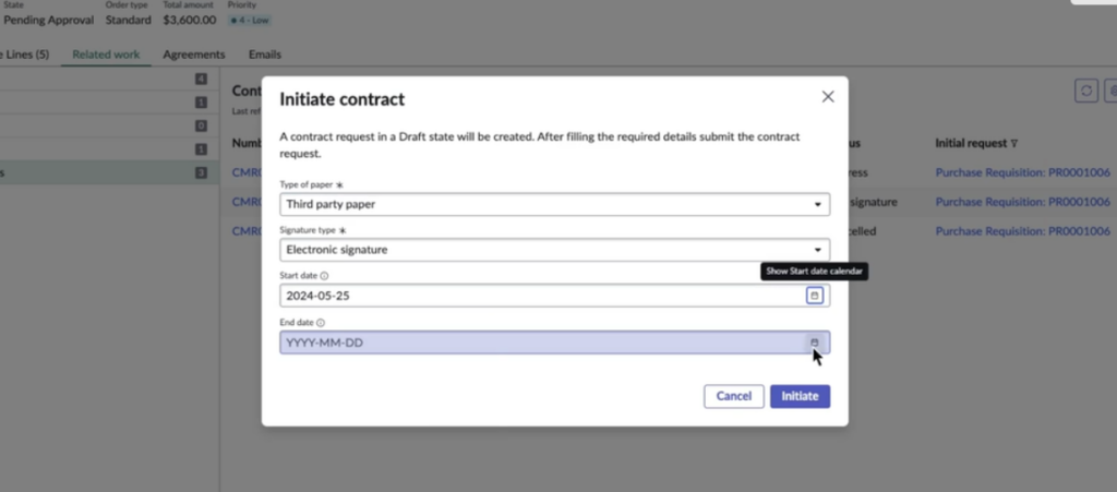 Legal and Contract Operations NDA initiation (fast path)

Goal: get confidentiality coverage quickly so work can proceed.

How it’s initiated (typical)

Procurement or requester opens the purchase/sourcing context (Source-to-Pay).

Click Contract Requests → New → Initiate contract.

Select:

Contract type: NDA

Type of paper: usually Own paper (your template)

Signature type: Electronic signature

Generate/attach the NDA document.

Add signatories and click Send for signature.

Status updates to Signed/Complete and the NDA is stored with an audit trail.

Why it’s fast: NDAs are standardized and usually stay on your template, so redlines are limited.